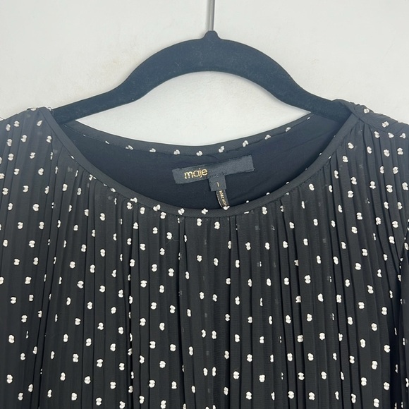 Maje Modern Pleated Allover Black & White Polka Dot Print Shift Mini Dress Small - Picture 8 of 11